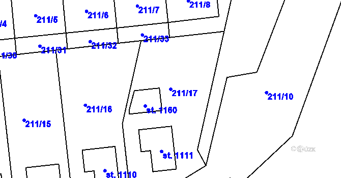 Parcela st. 211/17 v KÚ Čtyřkoly, Katastrální mapa