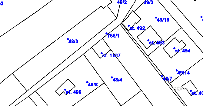 Parcela st. 1137 v KÚ Čtyřkoly, Katastrální mapa