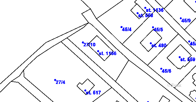 Parcela st. 1166 v KÚ Čtyřkoly, Katastrální mapa