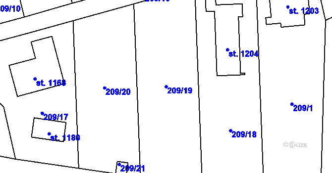Parcela st. 209/19 v KÚ Čtyřkoly, Katastrální mapa