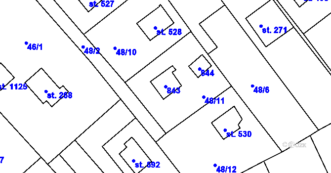 Parcela st. 843 v KÚ Čtyřkoly, Katastrální mapa