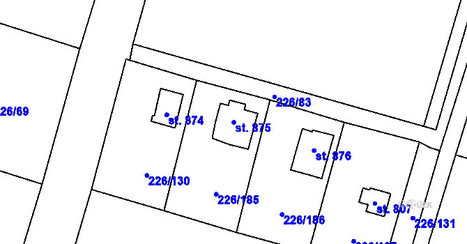 Parcela st. 875 v KÚ Lštění, Katastrální mapa