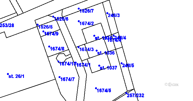 Parcela st. 1036 v KÚ Lštění, Katastrální mapa