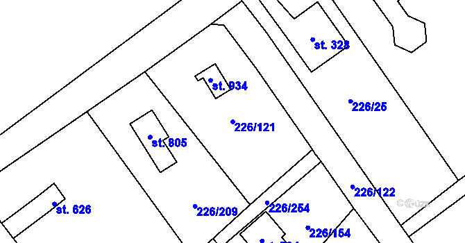 Parcela st. 226/121 v KÚ Lštění, Katastrální mapa
