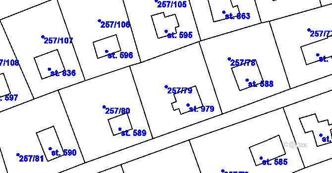 Parcela st. 257/79 v KÚ Lštění, Katastrální mapa
