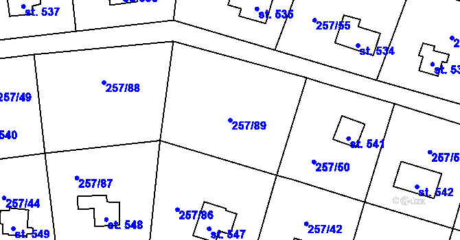Parcela st. 257/89 v KÚ Lštění, Katastrální mapa