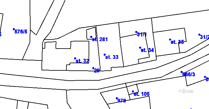 Parcela st. 33 v KÚ Čunín, Katastrální mapa