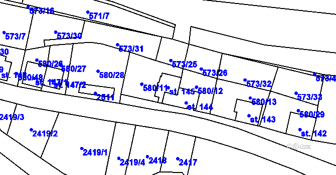 Parcela st. 145 v KÚ Čunín, Katastrální mapa