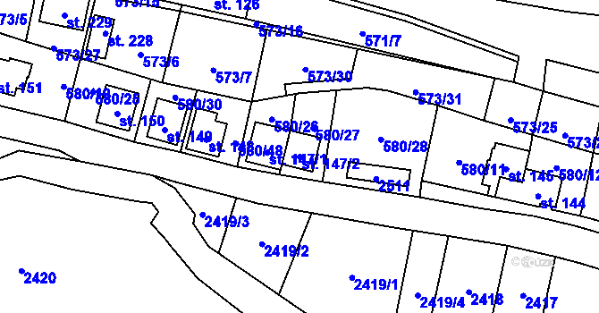Parcela st. 147/2 v KÚ Čunín, Katastrální mapa