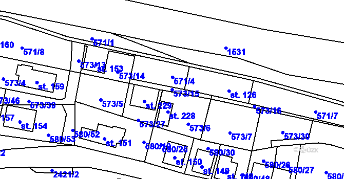 Parcela st. 573/15 v KÚ Čunín, Katastrální mapa