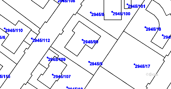 Parcela st. 2945/9 v KÚ Dačice, Katastrální mapa