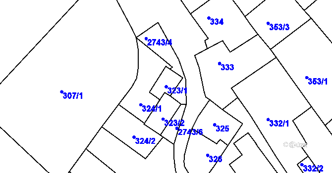 Parcela st. 323/1 v KÚ Dačice, Katastrální mapa