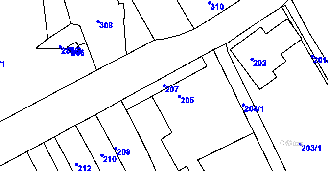 Parcela st. 207 v KÚ Dačice, Katastrální mapa
