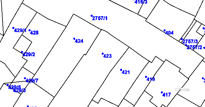Parcela st. 423 v KÚ Dačice, Katastrální mapa