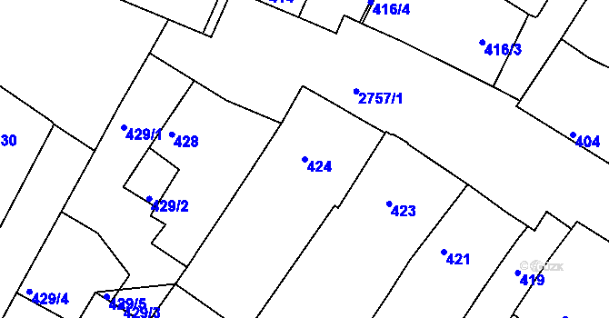 Parcela st. 424 v KÚ Dačice, Katastrální mapa