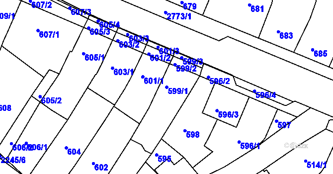Parcela st. 599/1 v KÚ Dačice, Katastrální mapa