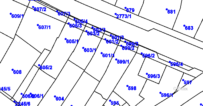 Parcela st. 601/1 v KÚ Dačice, Katastrální mapa