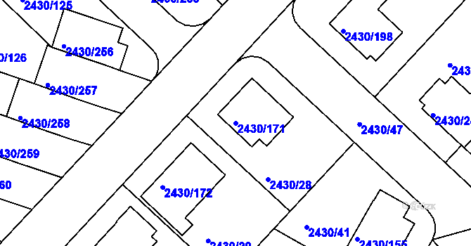 Parcela st. 2430/171 v KÚ Dačice, Katastrální mapa