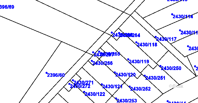 Parcela st. 2430/265 v KÚ Dačice, Katastrální mapa