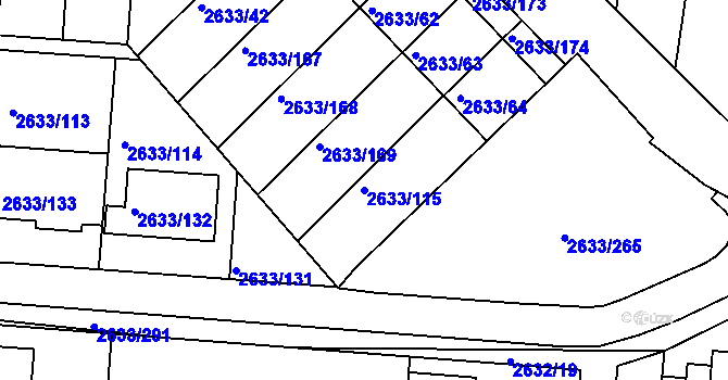 Parcela st. 2633/115 v KÚ Dačice, Katastrální mapa