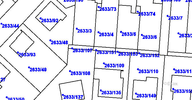 Parcela st. 2633/151 v KÚ Dačice, Katastrální mapa
