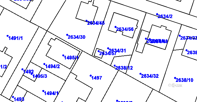 Parcela st. 2634/57 v KÚ Dačice, Katastrální mapa