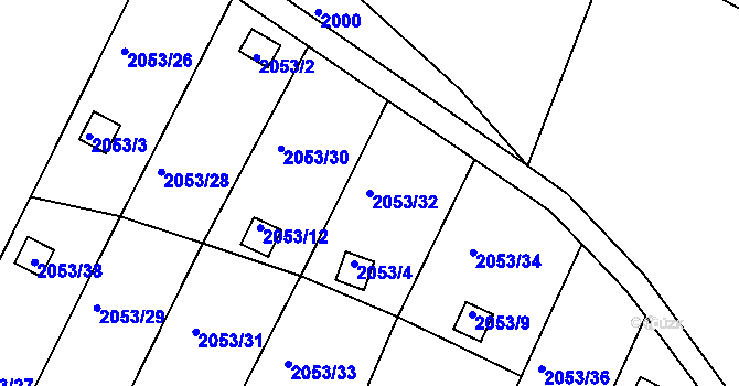 Parcela st. 2053/32 v KÚ Dačice, Katastrální mapa