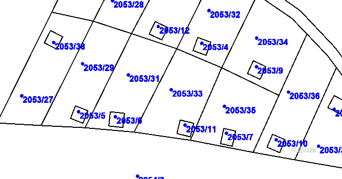 Parcela st. 2053/33 v KÚ Dačice, Katastrální mapa