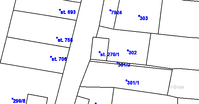 Parcela st. 270/1 v KÚ Dambořice, Katastrální mapa