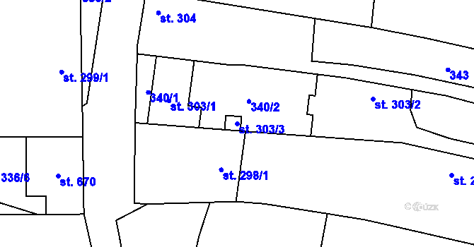 Parcela st. 303/3 v KÚ Dambořice, Katastrální mapa
