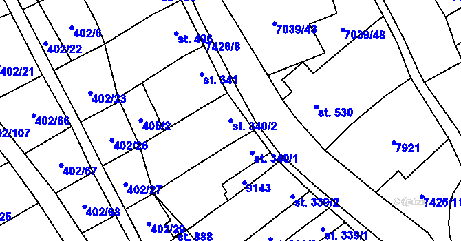 Parcela st. 340/2 v KÚ Dambořice, Katastrální mapa