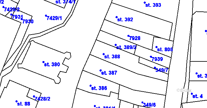 Parcela st. 388 v KÚ Dambořice, Katastrální mapa