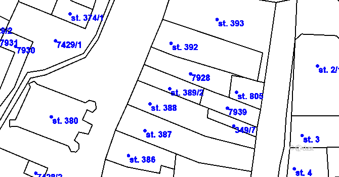 Parcela st. 389/2 v KÚ Dambořice, Katastrální mapa