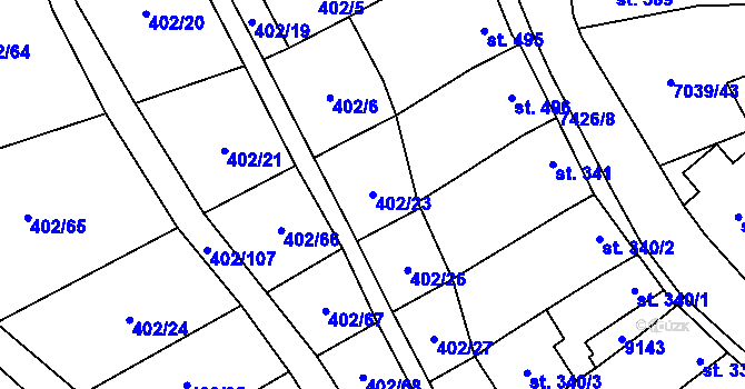 Parcela st. 402/23 v KÚ Dambořice, Katastrální mapa