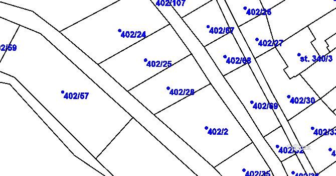 Parcela st. 402/28 v KÚ Dambořice, Katastrální mapa