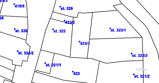 Parcela st. 423/1 v KÚ Dambořice, Katastrální mapa