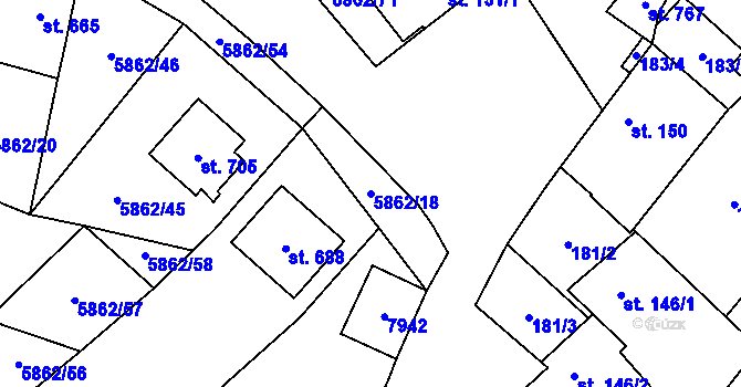 Parcela st. 5862/18 v KÚ Dambořice, Katastrální mapa