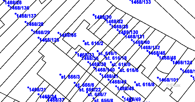 Parcela st. 616/1 v KÚ Dambořice, Katastrální mapa