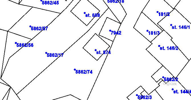 Parcela st. 874 v KÚ Dambořice, Katastrální mapa