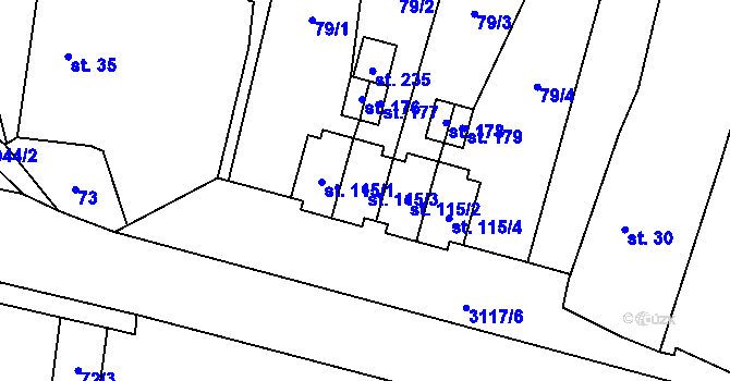 Parcela st. 115/3 v KÚ Damnov, Katastrální mapa