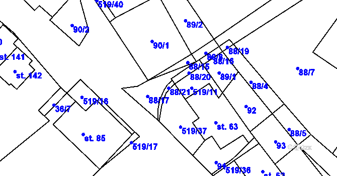Parcela st. 88/21 v KÚ Daňkovice, Katastrální mapa