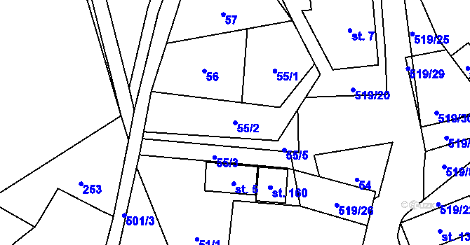 Parcela st. 55/2 v KÚ Daňkovice, Katastrální mapa