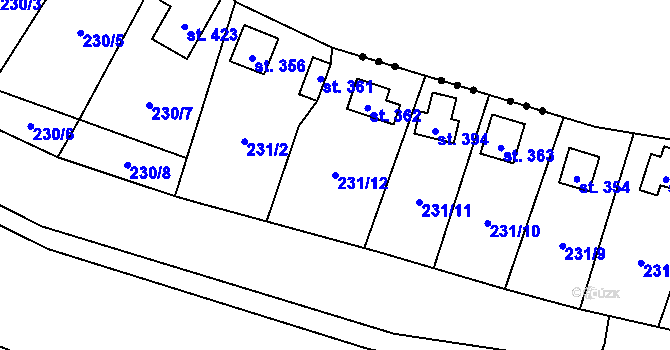 Parcela st. 231/12 v KÚ Sázava u Davle, Katastrální mapa