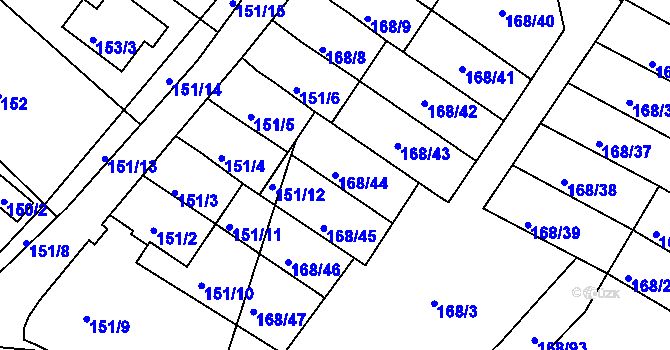 Parcela st. 168/44 v KÚ Podmokly, Katastrální mapa