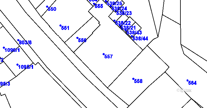 Parcela st. 557 v KÚ Podmokly, Katastrální mapa