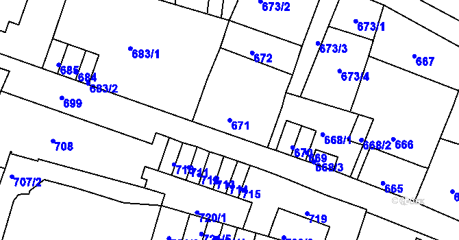 Parcela st. 671 v KÚ Podmokly, Katastrální mapa