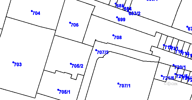 Parcela st. 707/2 v KÚ Podmokly, Katastrální mapa