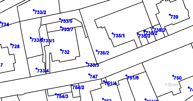 Parcela st. 736/2 v KÚ Podmokly, Katastrální mapa