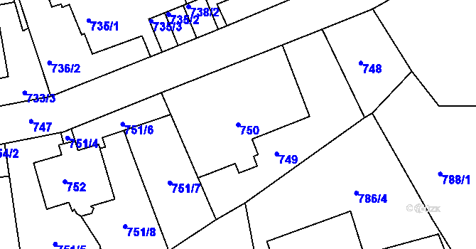 Parcela st. 750 v KÚ Podmokly, Katastrální mapa