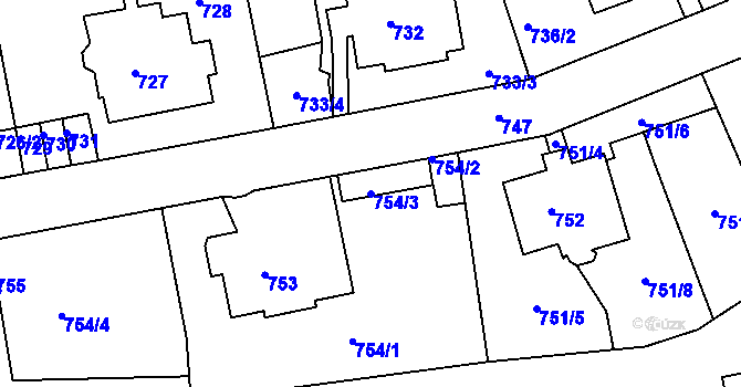 Parcela st. 754/3 v KÚ Podmokly, Katastrální mapa